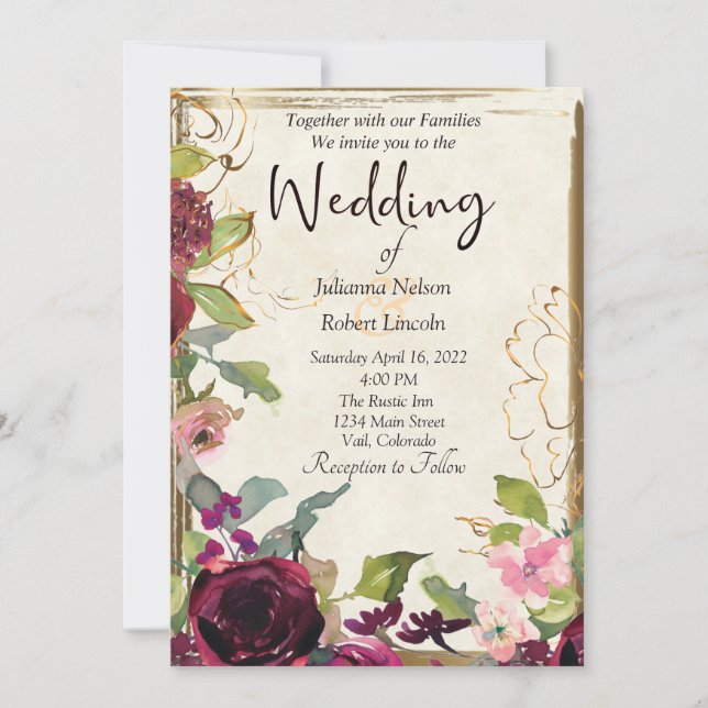 Schöne bordeauxrosa und goldene Hochzeit Einladung (Vorderseite)