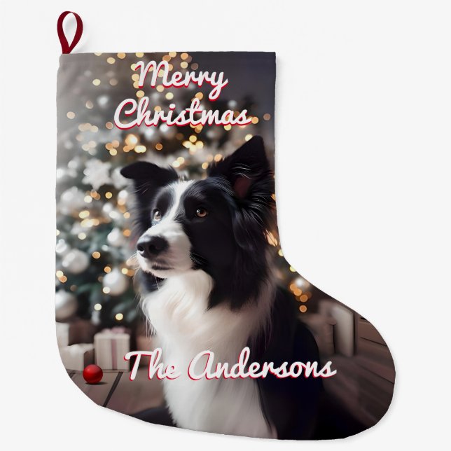 Schöne Border Collie und Weihnachtsbaum Red Großer Weihnachtsstrumpf (Vorderseite)