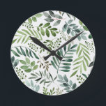 Schöne botanische Blätter in Wasserfarbe  Runde Wanduhr<br><div class="desc">Aquarellfarbene Pflanzen botanische rustikale Blätter Muster</div>
