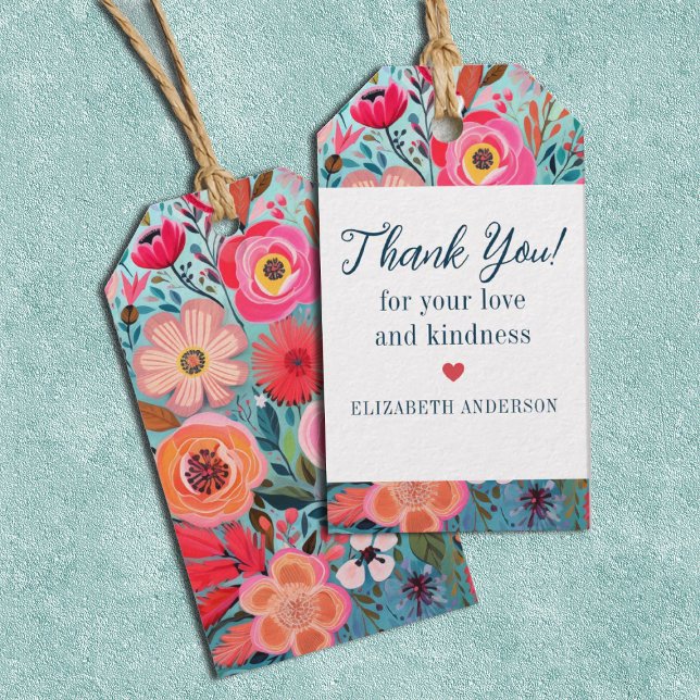 Schöne botanische Mädchen Blumige Danke Geschenkanhänger (A bright colorful floral Thank you gift tag. Great for thanking wedding or bridal shower guests.)