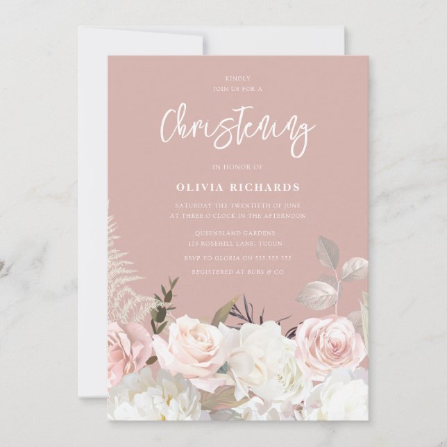 Schöne botanische Rose Taufe Christening Einladung (Vorderseite)