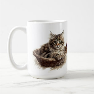 SCHÖNE, BROWBBY-MAINE-COON-KATZE IN BASKET KAFFEETASSE