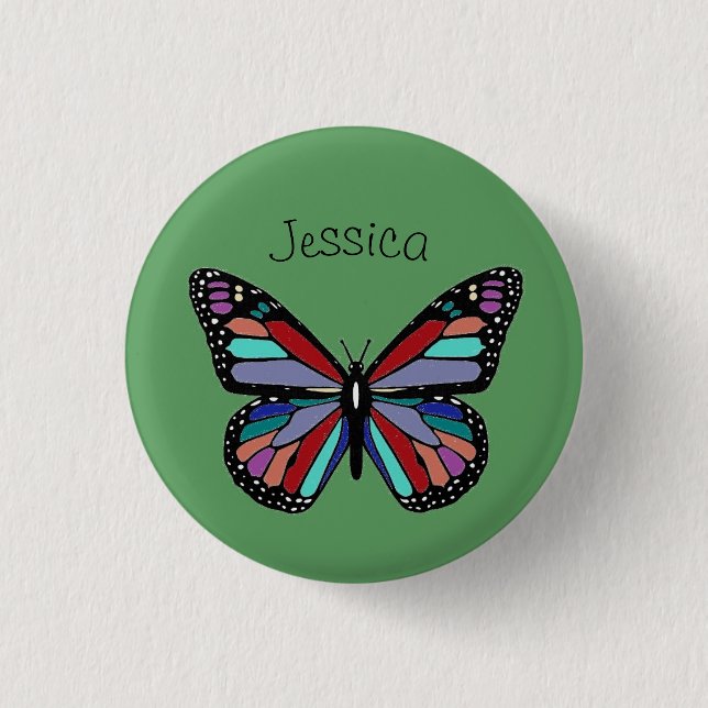 Schöne bunte Butterfly auf grüner Personalisierung Button (Vorderseite)