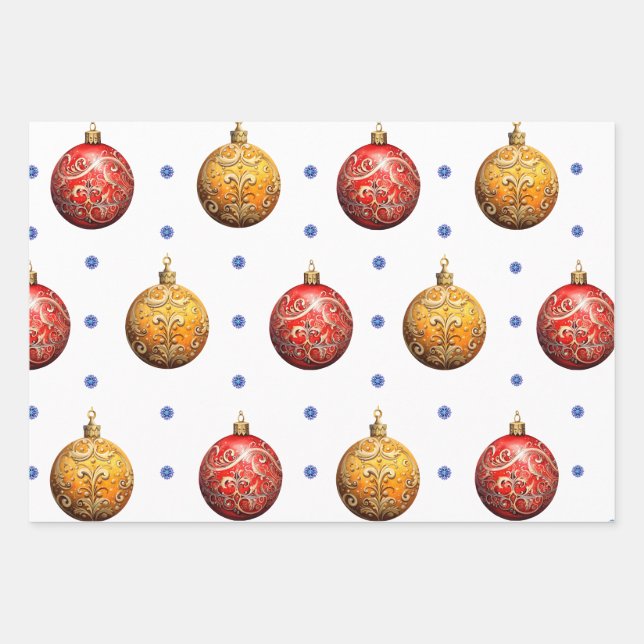 Schöne bunte Weihnachtsschmuck auf Weiß Geschenkpapier Set (Vorderseite)