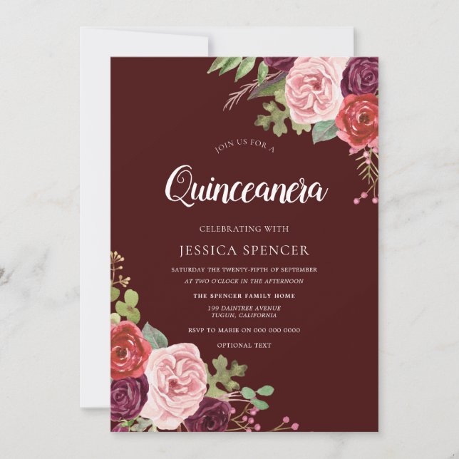 Schöne Burgund Blume Quinceanera laden Einladung (Vorderseite)