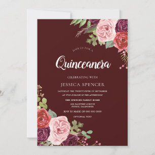 Schöne Burgund Blume Quinceanera laden Einladung
