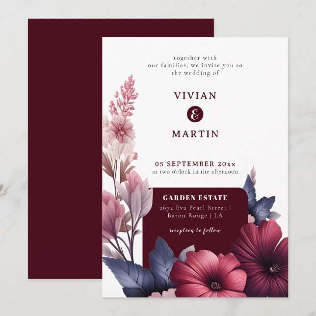 Schöne Burgund & Blush Pink Magnolia Hochzeit Einladung (Vorne/Hinten)