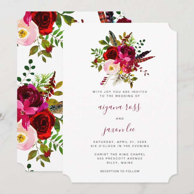 Schöne Burgundy Floral Bouquet Wedding Einladung (Vorne/Hinten)