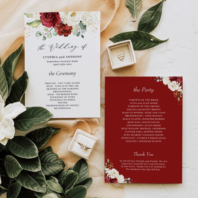 Schöne Burgundy Red White Floral Wedding Programm (Von Creator hochgeladen)