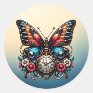 Schöne Butterfly Pocket Watch und Blume Runder Aufkleber