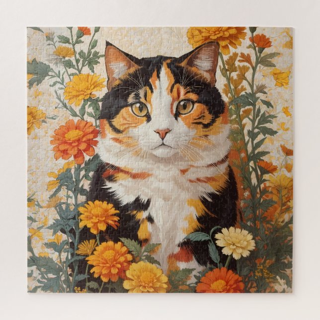 Schöne Calico Katze mit marigold Blume (Vertikal)