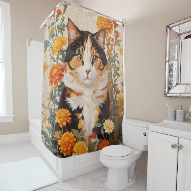 Schöne Calico Katze mit marigold Blume Duschvorhang (Beispiel)