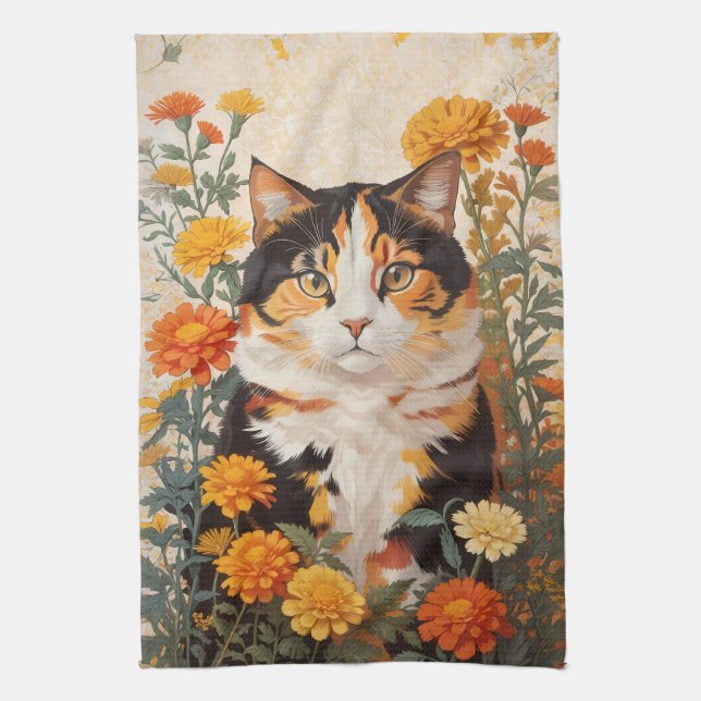 Schöne Calico Katze mit marigold Blume Geschirrtuch (Vertikal)