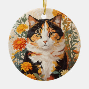 Schöne Calico Katze mit marigold Blume Keramik Ornament