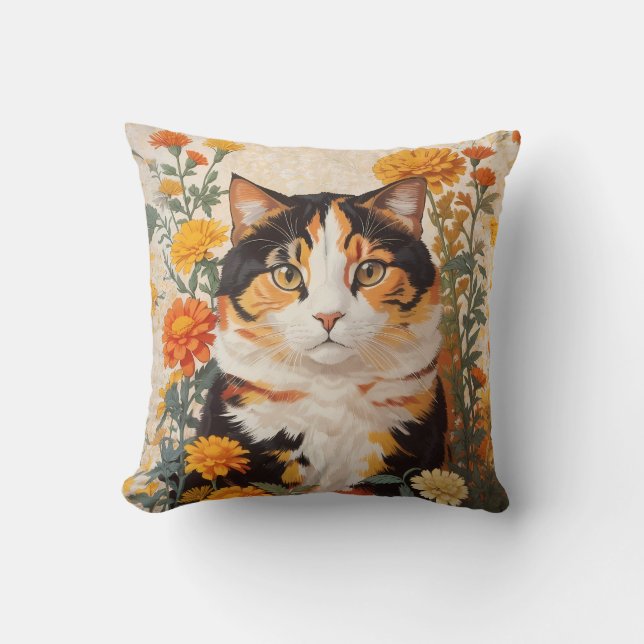 Schöne Calico Katze mit marigold Blume Kissen (Vorderseite)
