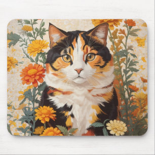Schöne Calico Katze mit marigold Blume Mousepad