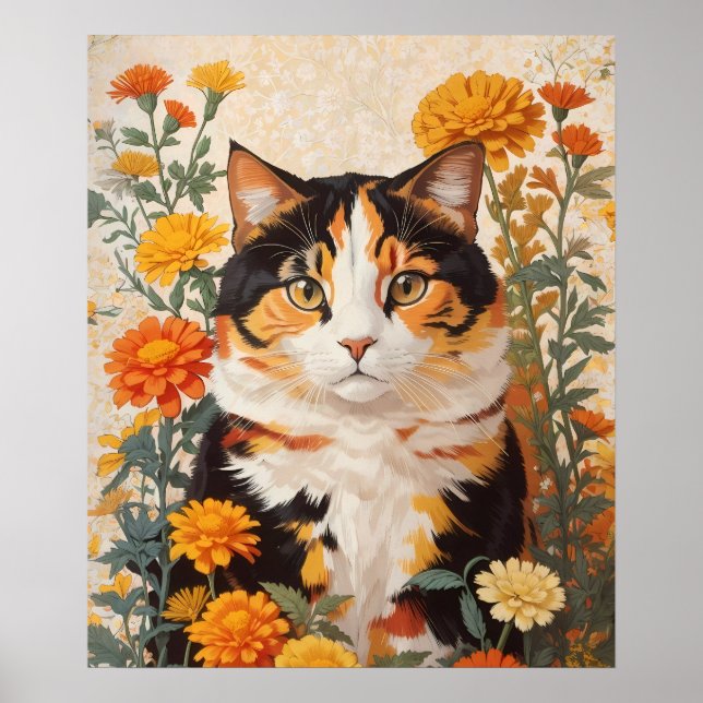 Schöne Calico Katze mit marigold Blume Poster (Vorne)