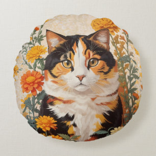 Schöne Calico Katze mit marigold Blume Rundes Kissen