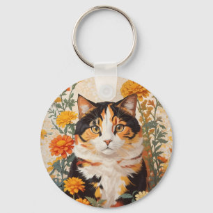 Schöne Calico Katze mit marigold Blume Schlüsselanhänger