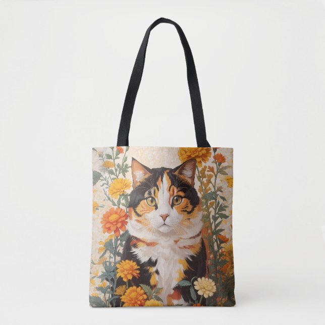 Schöne Calico Katze mit marigold Blume Tasche (Vorderseite)
