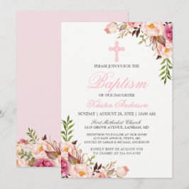 Schöne Chic Pink Floral Taufe Einladung