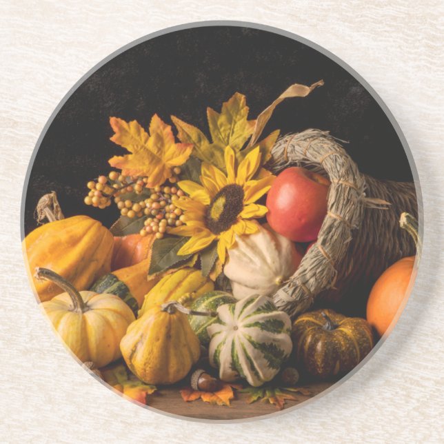 Schöne Cornucopia gefüllt mit Herbstgürteln Getränkeuntersetzer (Vorne)