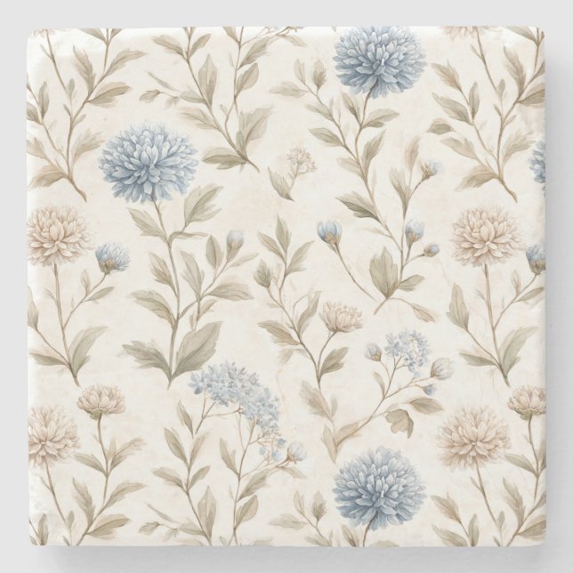Schöne cremeblaue Blumen Steinuntersetzer (Vorderseite)