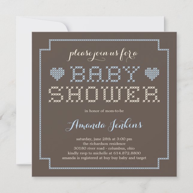 Schöne Cross-Stitch Babydusche Einladung - Blau (Vorderseite)