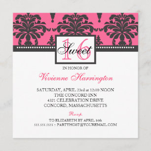 Schöne Damask Black & Hot Pink Sweet 16 Einladung