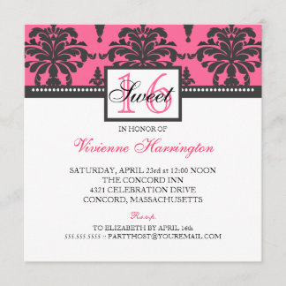 Schöne Damask Black & Hot Pink Sweet 16 Einladung