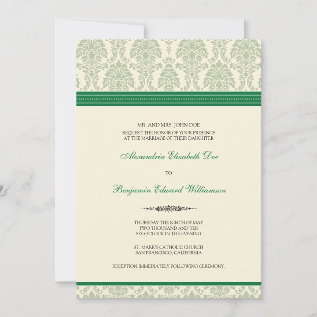 Schöne Damask Hochzeitseinladung (grün/creme) Einladung (Vorderseite)