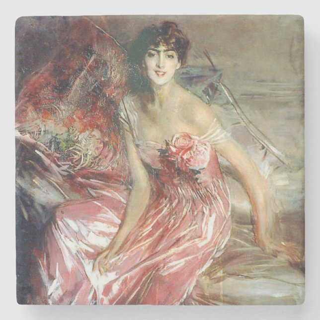 Schöne Dame in rosa Kleid (Giovanni Boldini) Steinuntersetzer (Vorderseite)