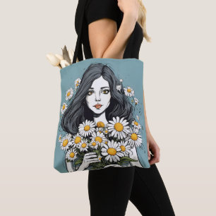 Schöne Dame mit Gänseblümchenstrauß Tasche