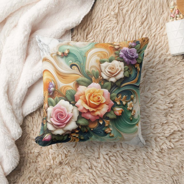 Schöne dekorative Rose im farbenfrohen Hintergrund Kissen (Decke)