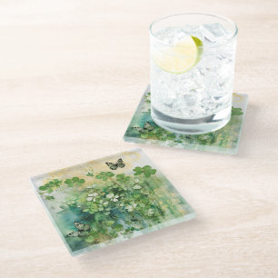 SCHÖNE DELIKATE IRISCHE SHAMROCKS & SCHMETTERLINGE GLASUNTERSETZER
