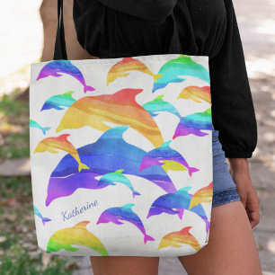 Schöne Delphine im Regenbogen mit Vorname Tasche