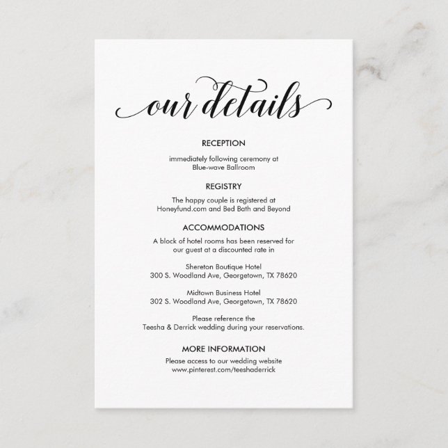 Schöne Details zur Hochzeit, moderne schwarze Tint Begleitkarte (Vorderseite)