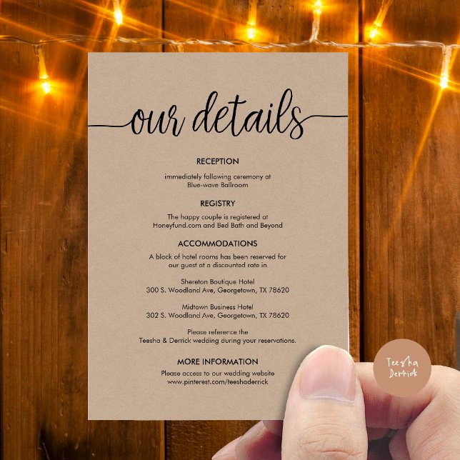 Schöne Details zur Hochzeit, rustikale schwarze Ti Begleitkarte (Beautiful Our Wedding Details Enclosure Card, Rustic Cottage Design, Brown Kraft Graphic Background)