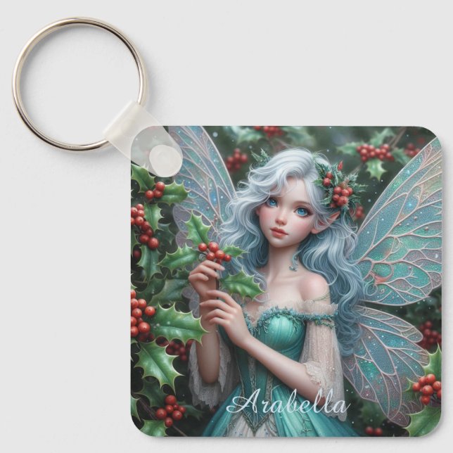 Schöne Dezember Fairy in Holly Schlüsselanhänger (Vorderseite)