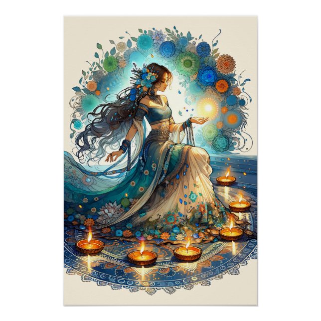 Schöne Diwali Frau und Rangoli Poster (Vorderseite)