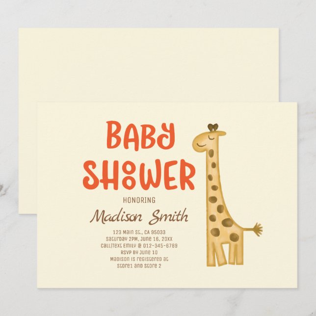 Schöne Doodle Watercolor Giraffe Babydusche Einladung (Vorne/Hinten)