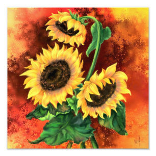 Schöne Drei Sonnenblumen - Malerei Fotodruck