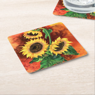 Schöne Drei Sonnenblumen - Migned Art Malerei Rechteckiger Pappuntersetzer