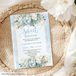 Schöne Dusty Blue White Peony Sweet 16 Einladung