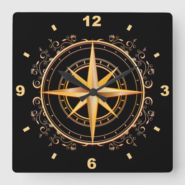 Schöne einzigartige Gold & Black Compass Antique ~ Quadratische Wanduhr (Vorderseite)