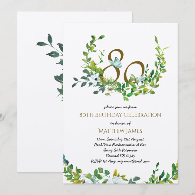 Schöne Elegant 80. Geburtstag Einladungen KRAFT (Vorne/Hinten)