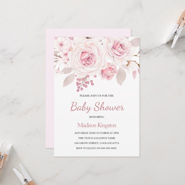 Schöne Elegante Blush Rose Babydusche Einladung (Vorderseite/Rückseite Beispiel)