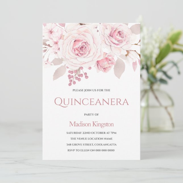 Schöne Elegante Blush Rose Quinceanera Party Einladung (Stehend Vorderseite)