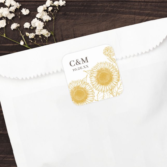 Schöne elegante Gelbe Sonnenblumen Herbsthochzeit Quadratischer Aufkleber (Von Creator hochgeladen)