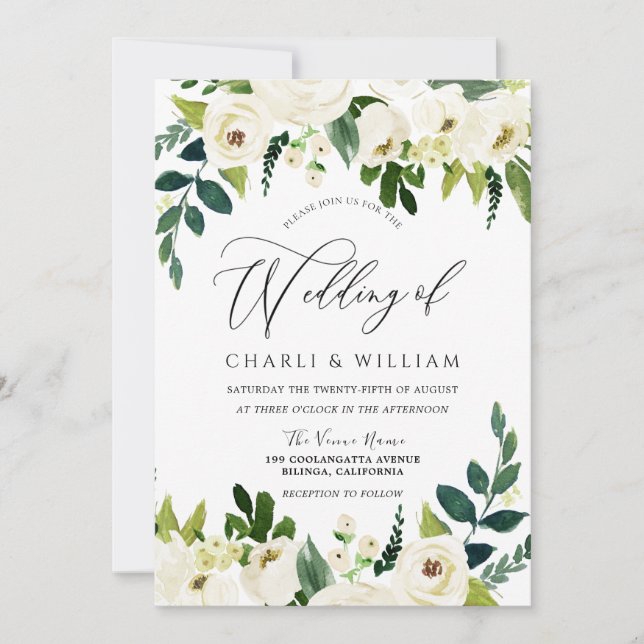Schöne, elegante Hochzeit der Weißen Flora Einladung (Vorderseite)